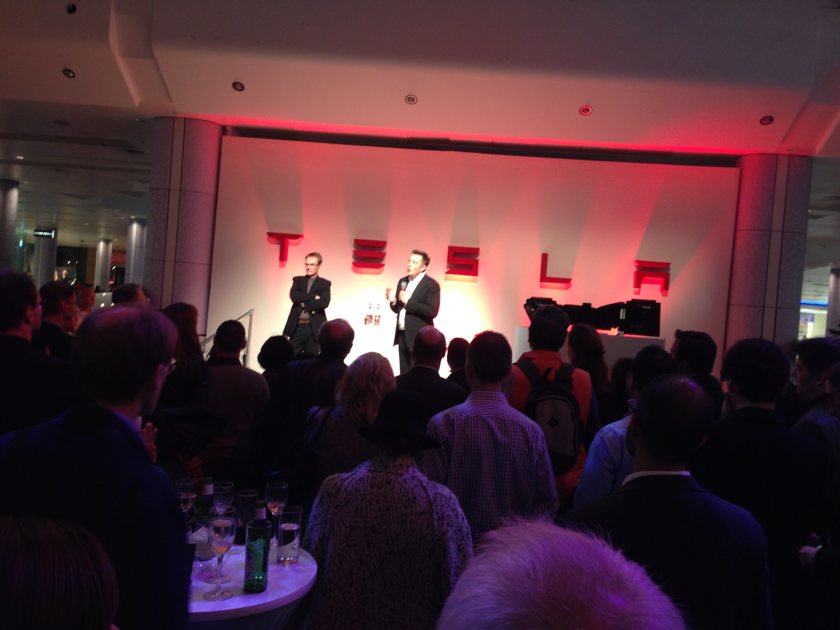 Tesla launch party Eldon Musk on stage with Q&A